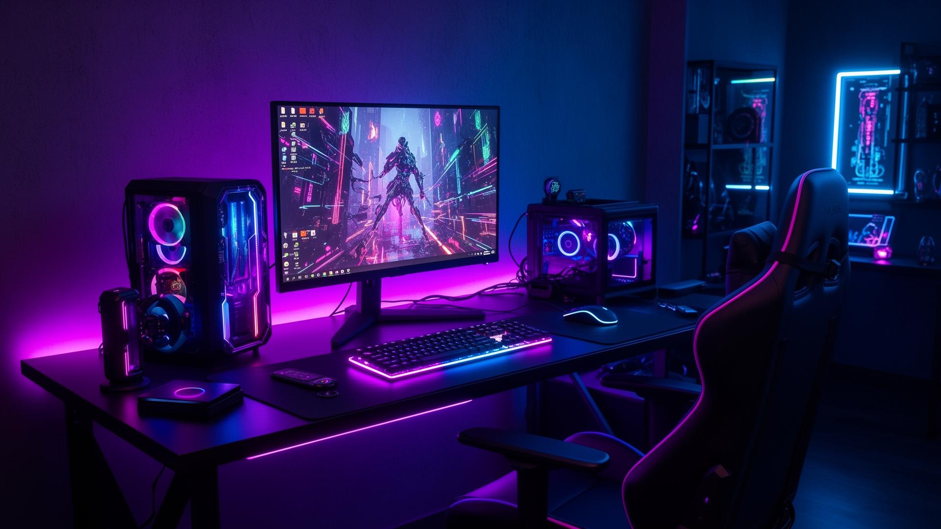 RGB cyberpunk gaming battlestation with cyan and magenta neon lighting